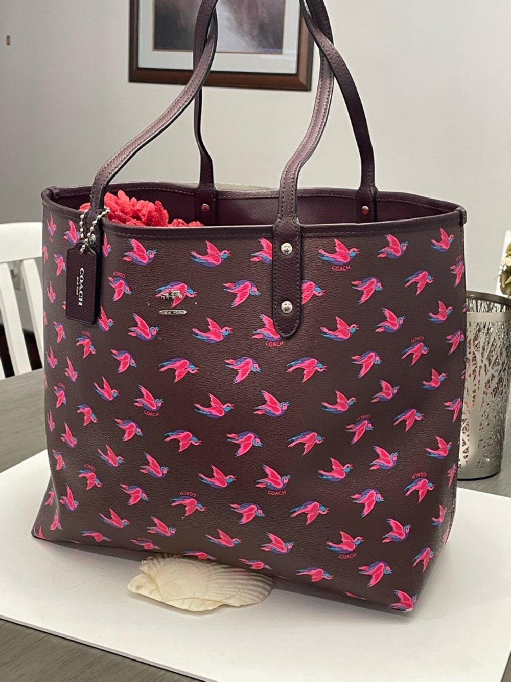 Coach reversible Maroon Tote with Pink Bird Motif - Picture 2 of 15